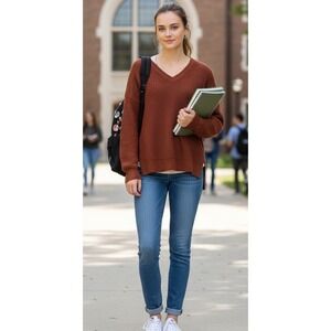 Womens‎ Sweater XS Josslyn Brown Rust V-neck Ribbed Preppy Earthy Timeless